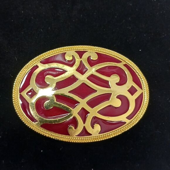 Vntg Celtic Brooch 3" RED Coat Pin Oval Metal Enamel Milgrain Accent Gold Estate - Picture 15 of 16